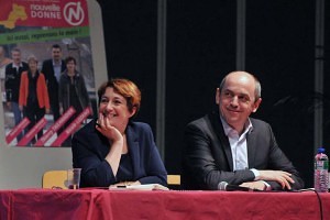 Isabelle Attard et Pierre Larrouturou, au meeting de soutien des candidats de Nouvelle Donne aux élections départementales dans le canton Aubière-Romagnat-Pérignat